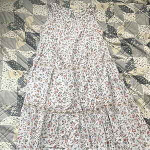 Max Studio White Floral Tiered Dress with Pink and Green Accents